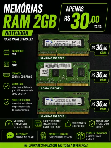 Memórias RAM DDR3 2GB para Notebook - Testadas e Funcionando | R$ 30 cada