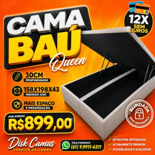 Cama Baú Queen com estrutura reforçada e blindada - Direto de Fábrica!