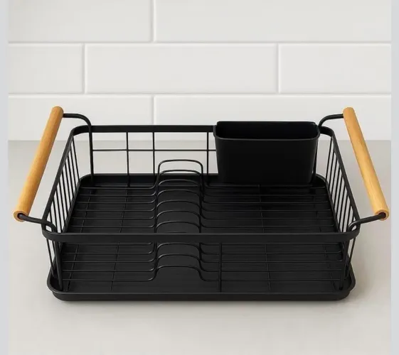 Escorredor Louça Preto Fosco Alças Bambu Design Moderno