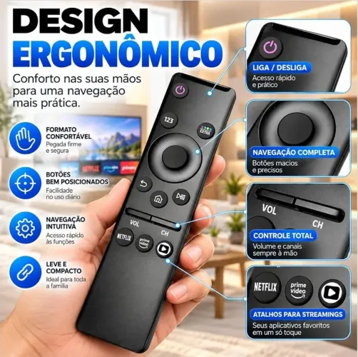 Controle Remoto compatível com tvs Samsung com atalhos para netflix, prime vídeo e globo P