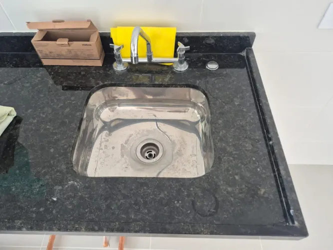 Bancada Granito Preto 120x60 Completa Com Cuba Inox E Torneira