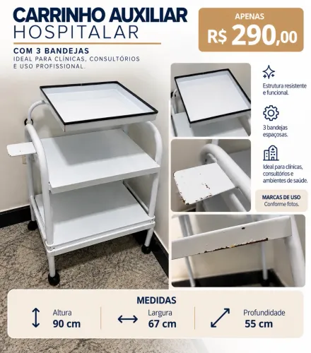 Carrinho Auxiliar Hospitalar 3 Bandejas com Rodinhas
