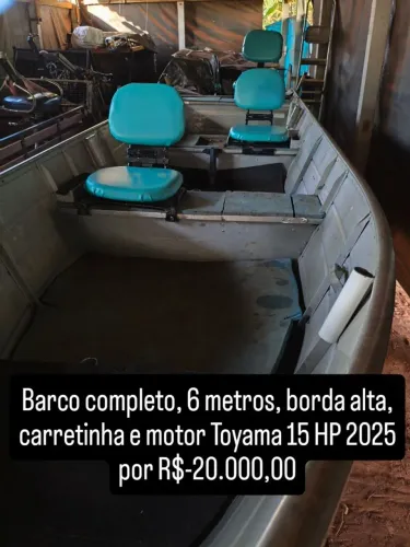 Embarcação completa,  barco 6 metros borda alta com carretinha e motor 15 HP 