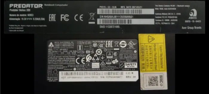Carregador Original Acer Predator Helios 300 180W Delta Electronics - N20C3 / PH315-53