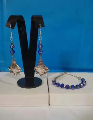 Conjunto Artesanal Brincos de Concha e Pulseira Azul - Novo/Exclusivo