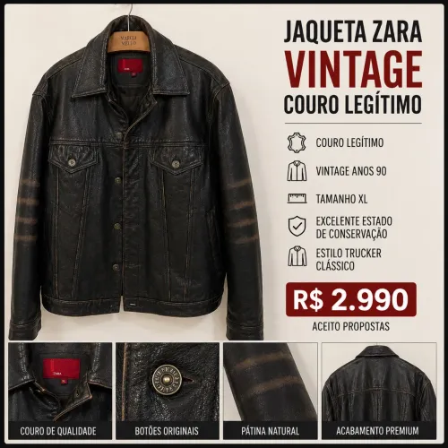 Jaqueta Vintage Zara Masculina Couro Legítimo Anos 90 XL