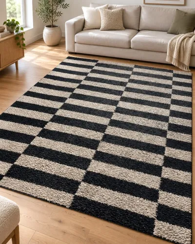 Tapete grande felpudo preto e creme - 3 × 2 m