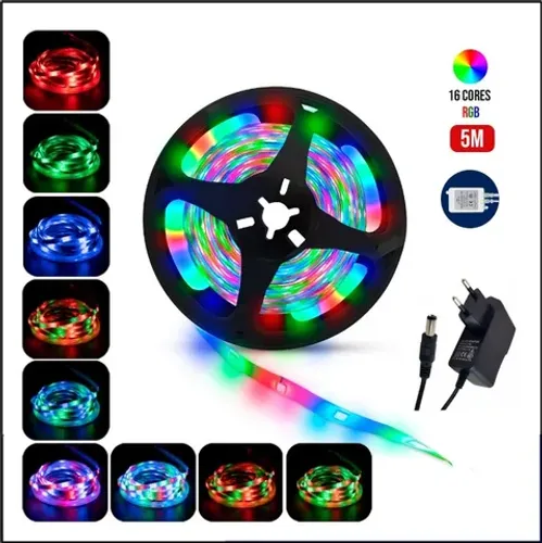 Kit Fita Led 2835 Rgb 5m Colorida 16 Cores Quarto Sala Decoração Com Fonte Controle Sensor
