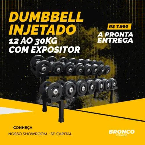 Jogo de Dumbbells Injetados 12 a 30kg com Pegada Cromada + Expositor
