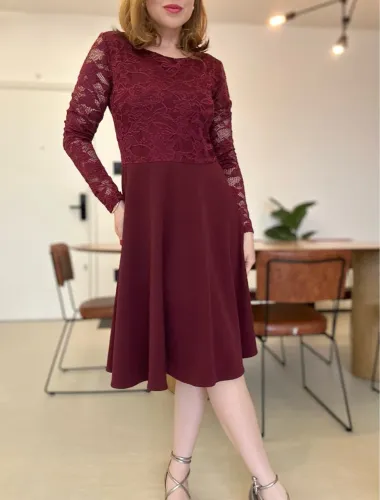 vestido elegante m midi renda vermelho burgundy Manga Longa Festa