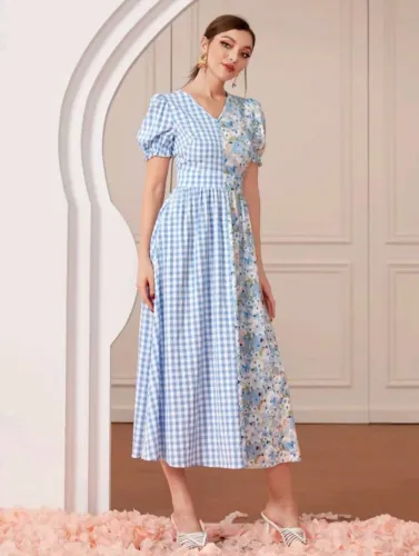Vestido Midi Xadrez Azul Floral