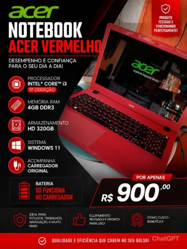 VENDO NOTEBOOK ACER VERMELHO