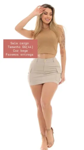 Mini Saia Feminina Sarja Modelo Cargo com Bolsos Moda Verão