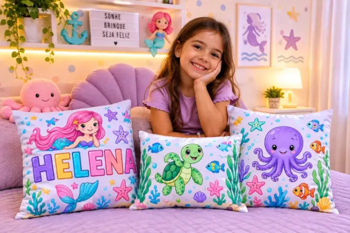 Kit 3 Almofadas Fundo do Mar Infantil com Enchimento - Sereia, Tartaruga e Polv
