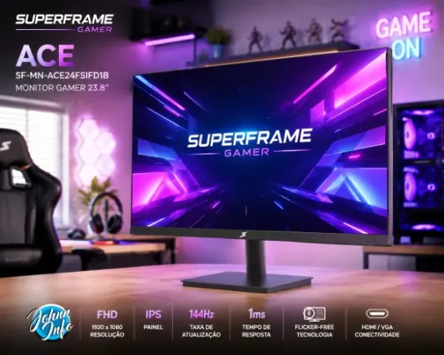 Monitor Gamer SuperFrame Ace 23.8 FHD, IPS, 144Hz, 1ms, Flicker-Free, HDMI/VGA