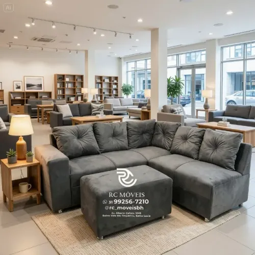 Sofá de Canto com Puff Suede Grafite D33 Confortável