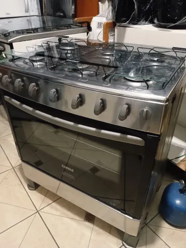 Fogão inox consul 6 bocas automático lâmpada e 2 grades no forno pezinhos alto