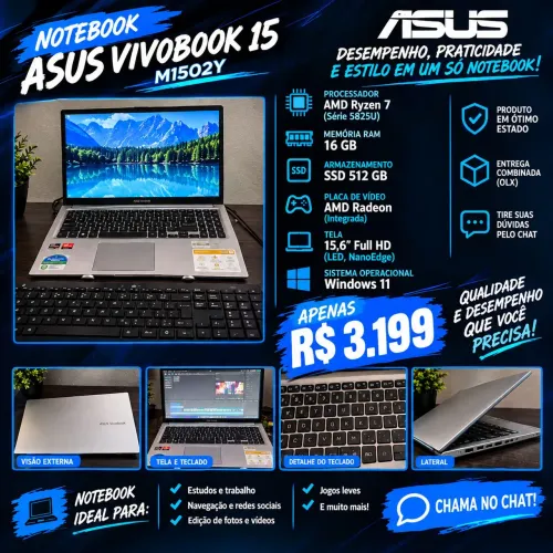 Notebook ASUS VivoBook 15 Ryzen 7 + 16GB RAM + SSD 512GB