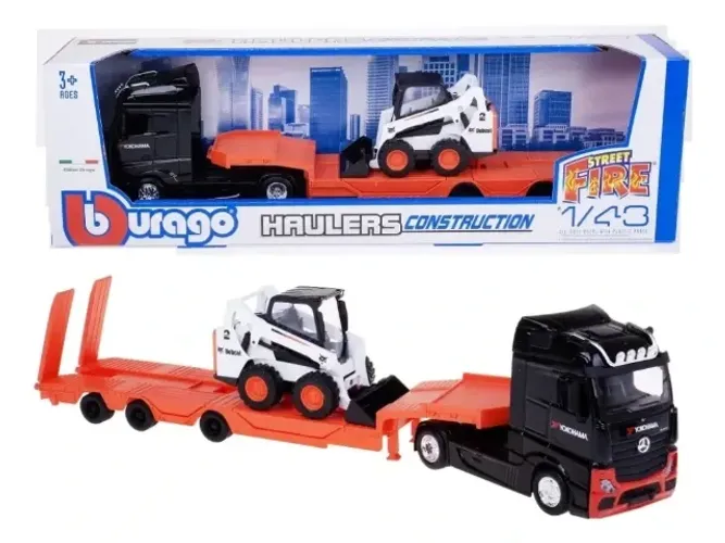 Burago Caminhão Mercedes Benz Actros + carregadeira Bobcat 1/43 Haulers Construction