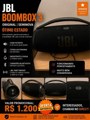 ? OFERTA IMPERDÍVEL! JBL Boombox 3 Original (Seminova) - R$ 1.200 (Para Vender HOJE!)