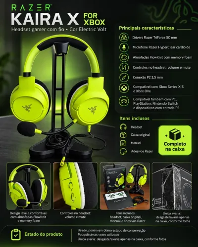 Headset Razer Kaira X for Xbox Electric Volt - Completo na Caixa | Pouquíssimo Uso
