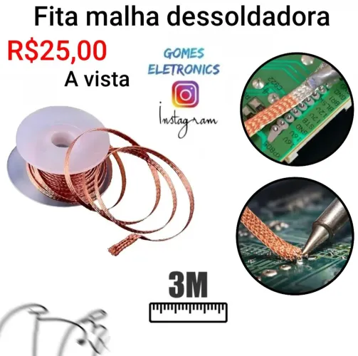 Fita malha dessoldadora de cobre 3 metros, manutenção e eletrônica (Loja Fisica) <br>
