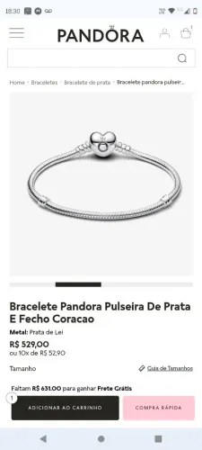 Pulseira Pandora Prata de lei 925 tamanho 19