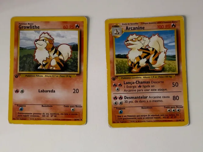 Carta de Pokémon Arcanine e Growlithe 1st primeira edição