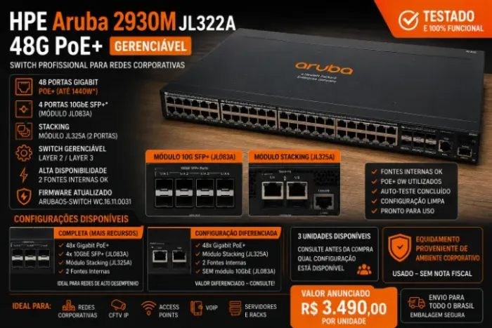 Switch HPE Aruba 2930M 48G PoE+ JL322A Gerenciável 10GbE