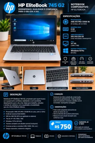 Notebook HP EliteBook 745 G2 - 8GB RAM + SSD 256GB