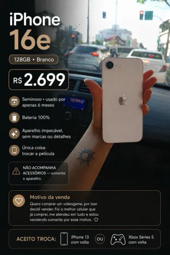 ? iPhone 16e 128GB Branco | Bateria 100% | R$ 2.600| Aceito Trocas