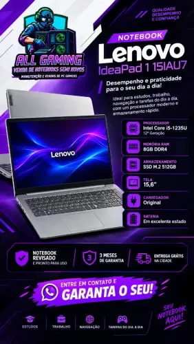Notebook Lenovo Core i5 12a, NVME 512GB, 8GB RAM, BATERIA ESTADO DE NOVA