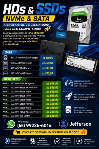 HDs e SSDs NVME e SATA - Armazenamento e desempenho para seu computador!