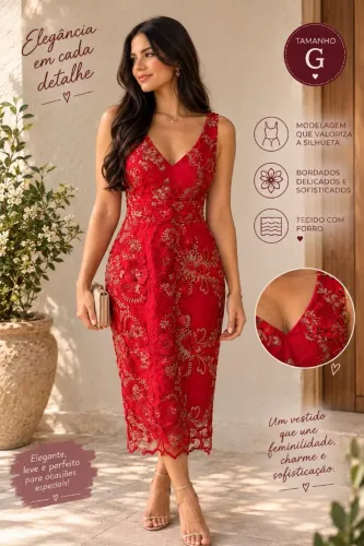 VESTIDO DE FESTA VIA ROMÂNTICA (VERMELHO COM DOURADO)