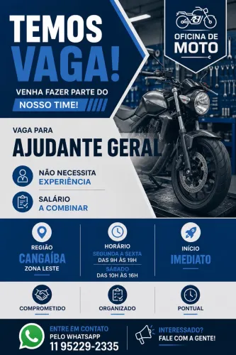 Vaga para Ajudante Geral em Oficina de Motos - Início Imediato