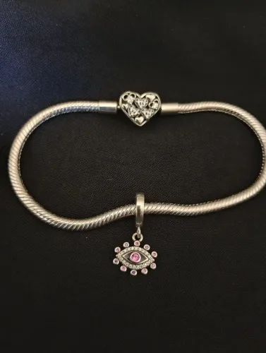 Pulseira fecho coração e berloque olho em Prata 925 e Zircônias