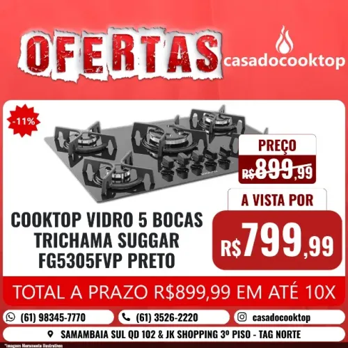 COOKTOP VIDRO 5 BOCAS TRICHAMA SUGGAR FG5305FVP PRETO