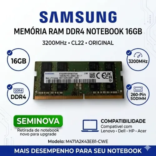 Memória Ram DDR4 Notebook 16Gb Samsung PC4 - 3200 M471a2k43db1-cwe DDR4 Original HP Lenovo