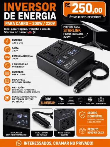 INVERSOR DE ENERGIA PARA CARRO - Starlink 200W / 220V