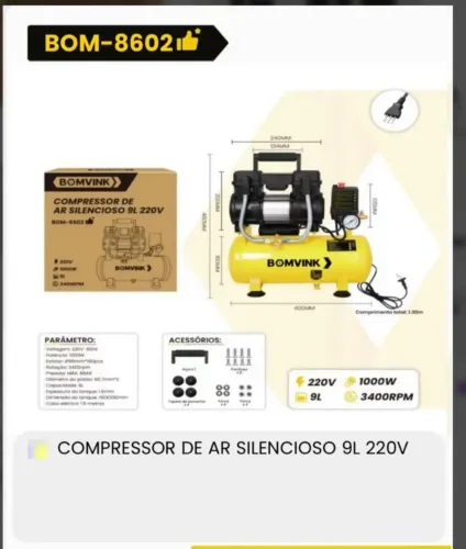 COMPRESSOR DE AR SILENCIADOR 9L 220V BOM8602<br>700R$