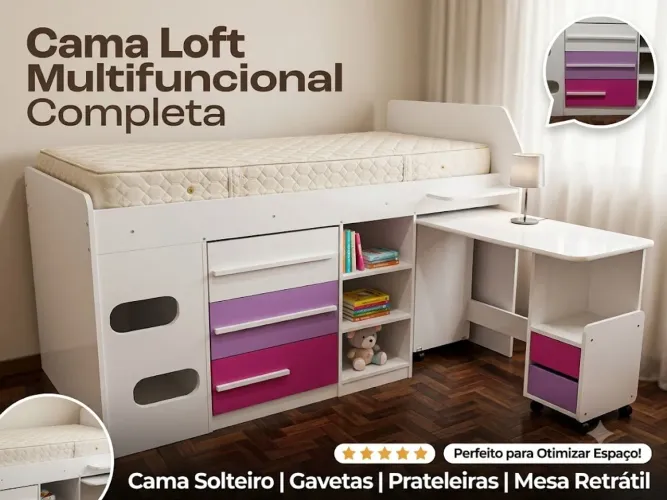 Cama Infantil/Juvenil Multifuncional com Escrivaninha e Cômoda Integrada