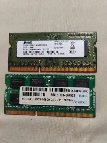 Memória Notebook PC3 10600-  6Gb sendo 4Gb + 2Gb
