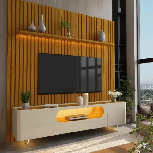 Painel Nobre Naturale com Rack Nobre Off White.Naturale LED e Pes Vidro Até 12x