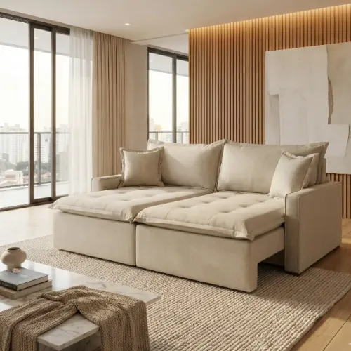 Sofa cama 2,00m linho bege com 2 almofadas Pronta enrtega Direto da Fábrica