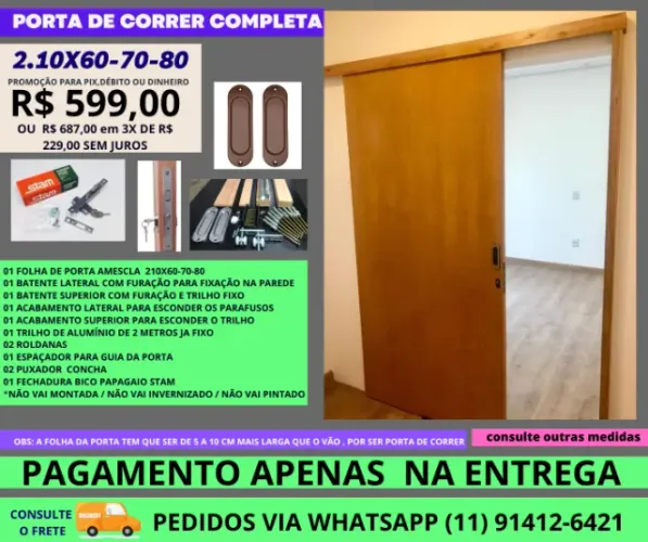 Porta de Correr celeiro Completa 2.10x60 - Pagamento apenas na entrega - frete a/c