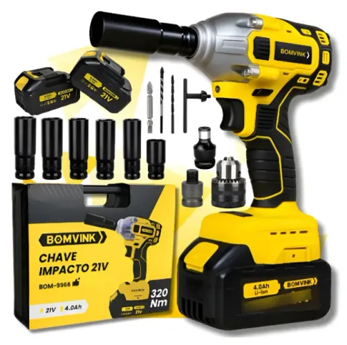 Parafusadeira Chave De Impacto Furadeira Kit Com 2 Baterias Amarelo