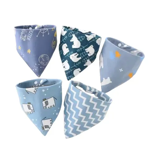 Kit 5 Babadores Bebê Algodão Camada Dupla Botão De Pressão Mix Azul