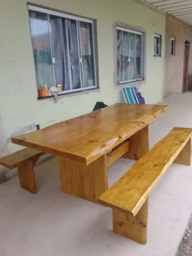 Conjunto de Mesa Rústica de Madeira Maciça