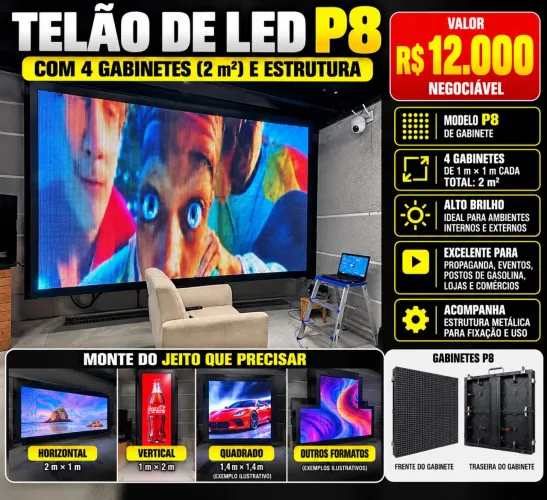 Telão Painel de LED P8 com 4 Gabinetes e Estrutura Metálica para Propaganda