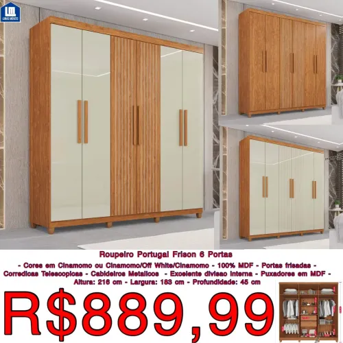 Guarda Roupas Portugal Frison 1.83m todo mdf / 3 cores / frete grátis / pague na entrega